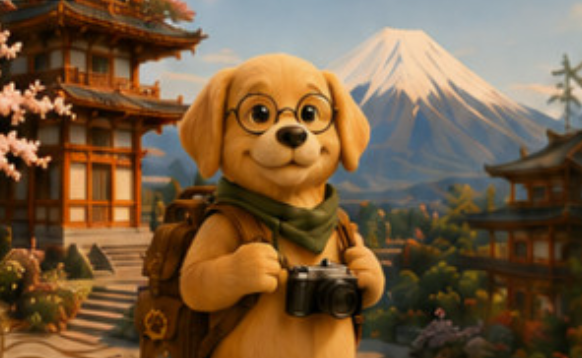 Companion exploring Japan with Mount Fuji and a pagoda